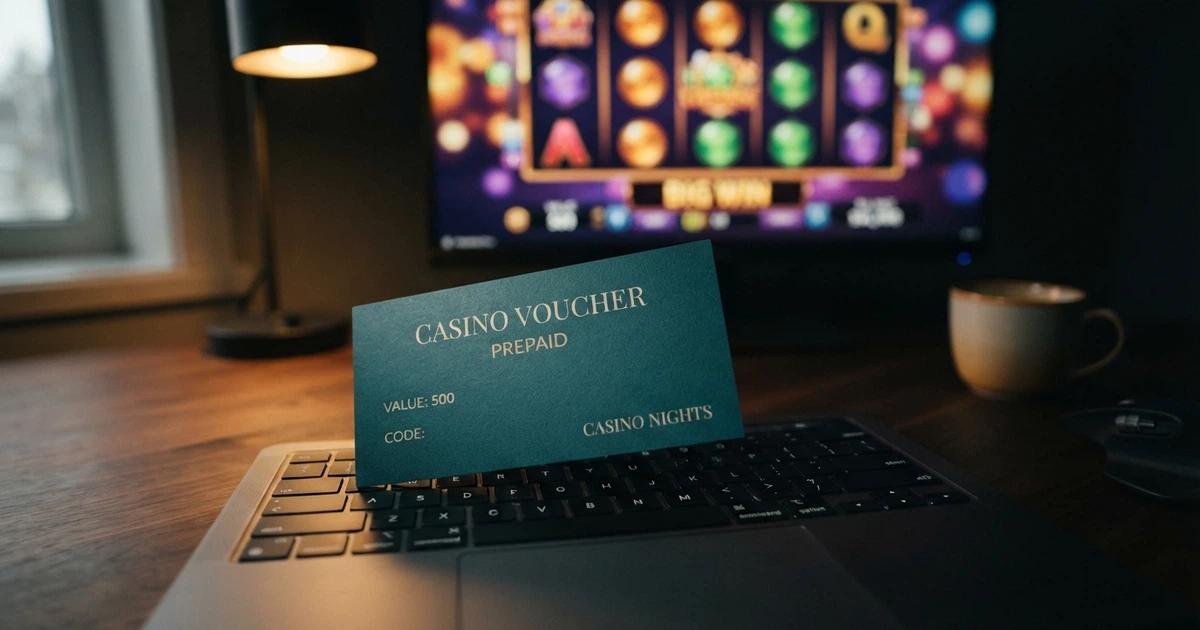 Un bon prépayé CASHlib posé sur un clavier d'ordinateur, avec en arrière-plan l'écran d'un casino en ligne flouté