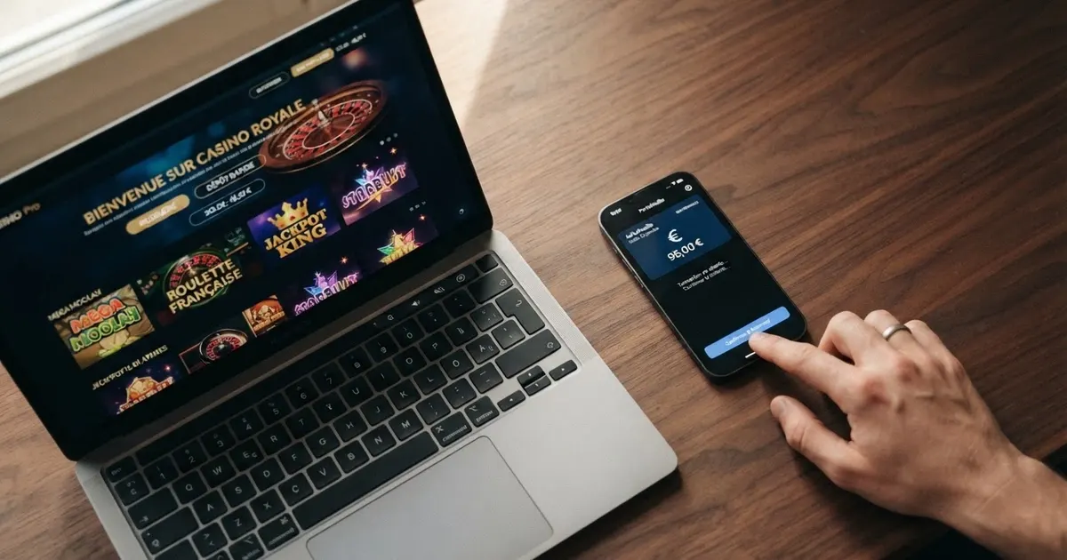 Interface d'un portefeuille Jeton sur un écran d'ordinateur portable, à côté d'un smartphone affichant un casino en ligne avec le logo Jeton dans les options de paiement