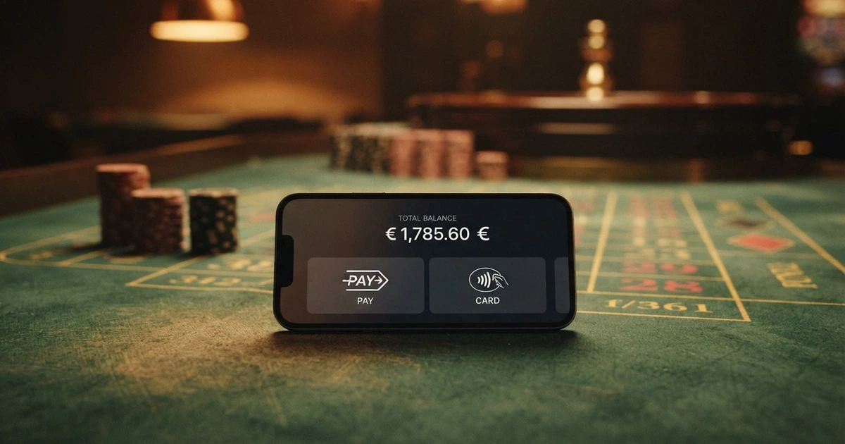 Interface de l'application MiFinity sur un écran de smartphone, affichant un solde en euros et les options de dépôt par carte et virement, posé sur un fond de table de jeu