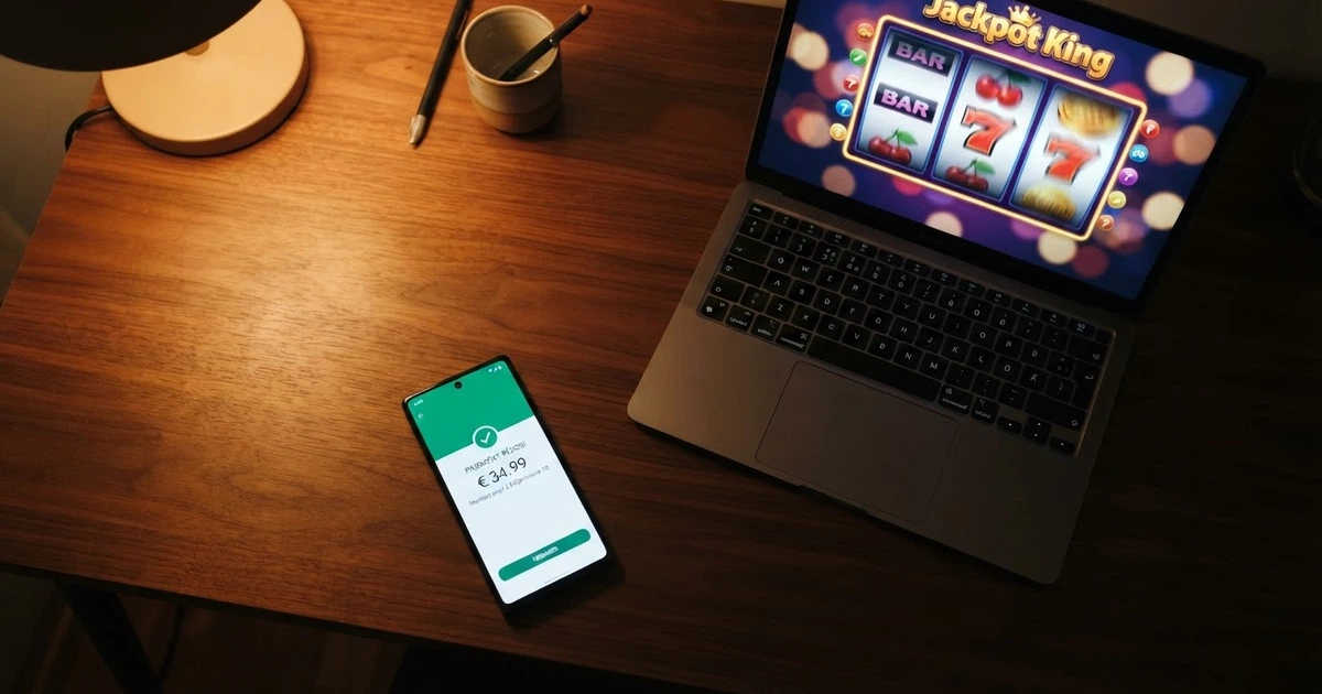 Interface de l'application MuchBetter affichée sur un smartphone posé à côté d'un écran d'ordinateur montrant un casino en ligne