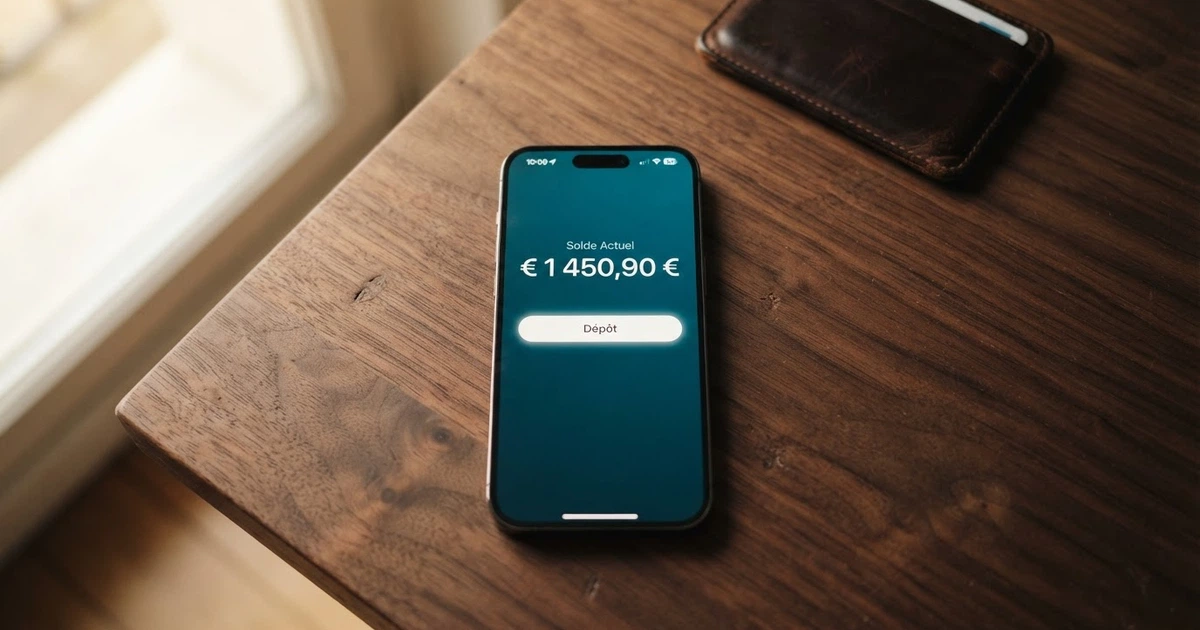 Interface de l'application Neteller affichant un portefeuille en euros et l'option de dépôt vers un marchand