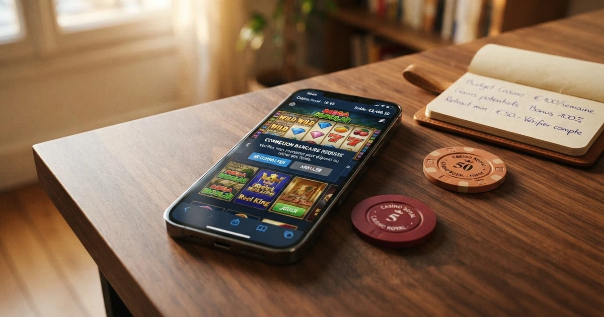 Un écran de téléphone affichant une interface de casino en ligne avec l'option de dépôt par authentification bancaire, une carte d'identité française posée à côté