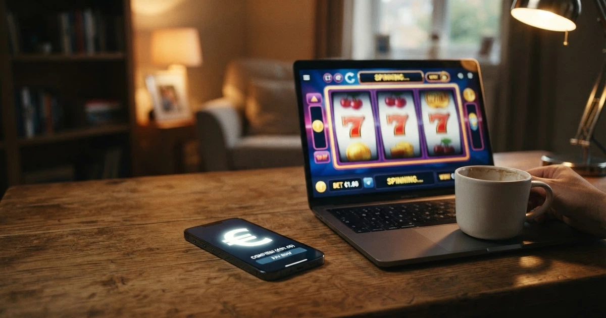 Un smartphone affichant l'interface de paiement PayPal à côté d'un écran de casino en ligne avec des machines à sous colorées, le tout posé sur un bureau avec un café.