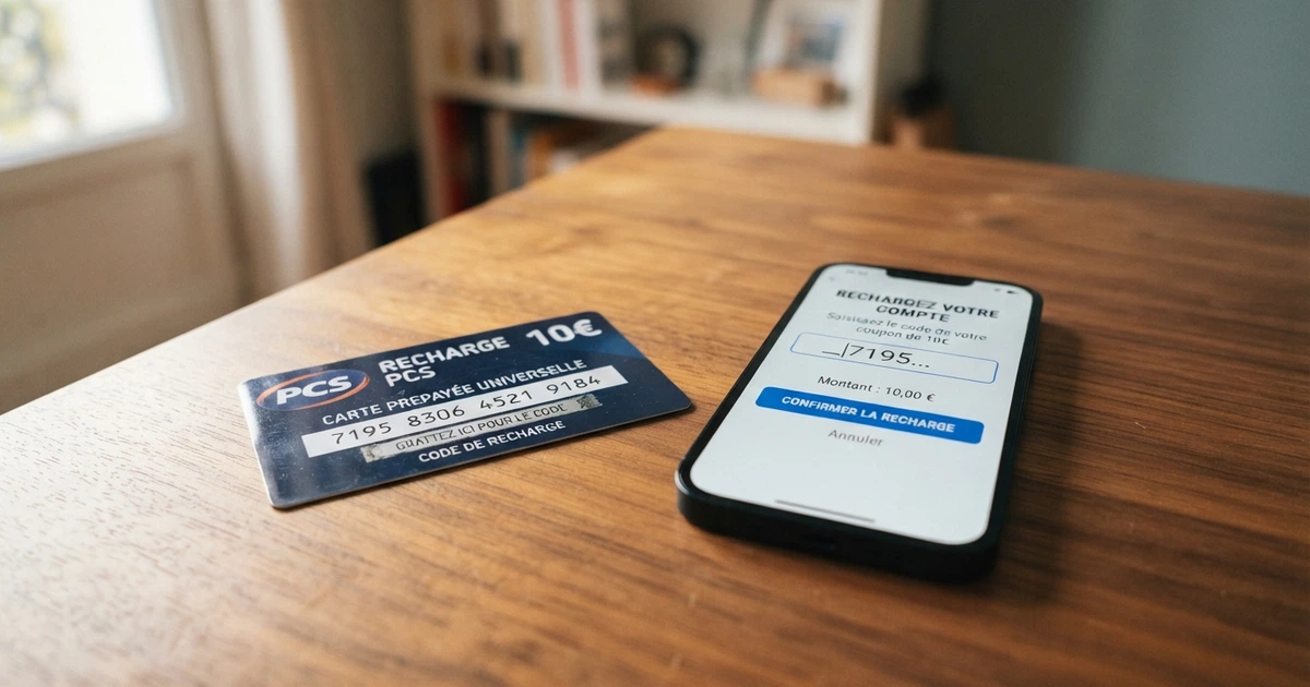 Un voucher Paysafecard à 16 chiffres posé à côté d'un smartphone affichant la page de dépôt d'un casino en ligne