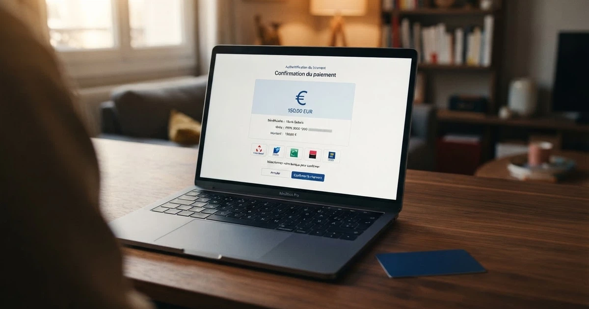 Interface de paiement Sofort par virement bancaire affichée sur l'écran d'un ordinateur portable, à côté d'une carte bancaire