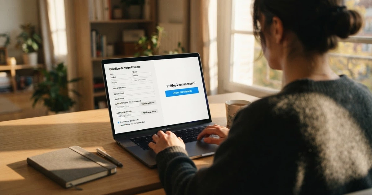Un écran partagé : à gauche, un formulaire d'inscription chargé de champs et de téléversements de documents, à droite un bouton « Jouer maintenant » sans aucune demande de justificatif