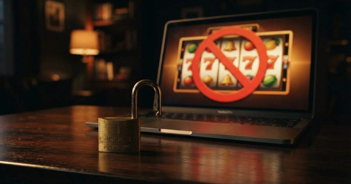Un cadenas ouvert posé devant un écran affichant une interface de casino barrée d'un panneau d'interdiction rouge