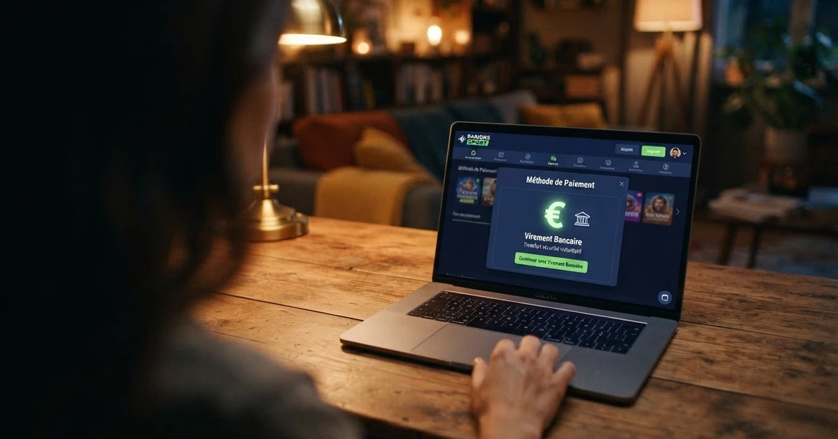 Interface de casino en ligne affichant l'option de paiement par virement bancaire parmi les moyens de dépôt proposés