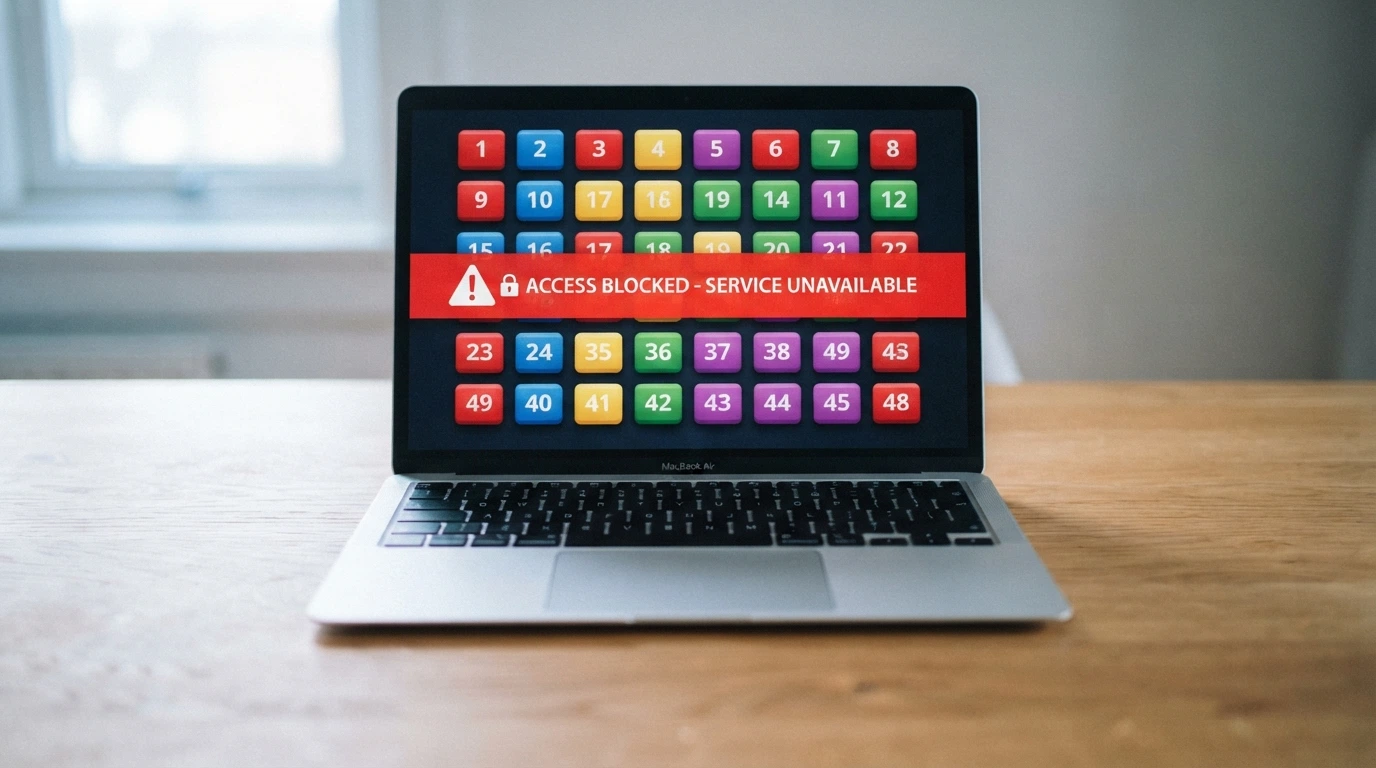 Interface d'un casino en ligne sur un écran d'ordinateur barrée d'un bandeau d'avertissement
