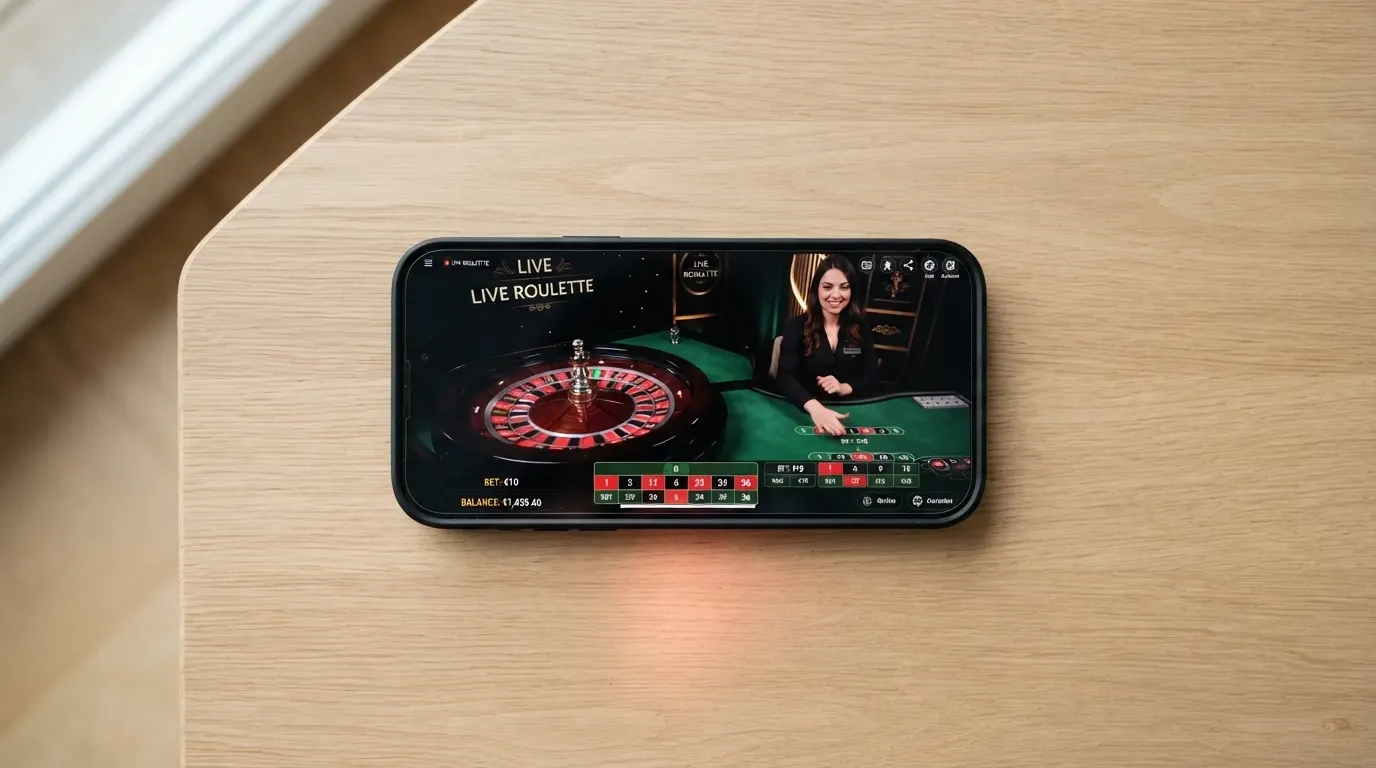Partie de jeu Evolution Gaming affichée sur l'écran d'un smartphone posé sur une table