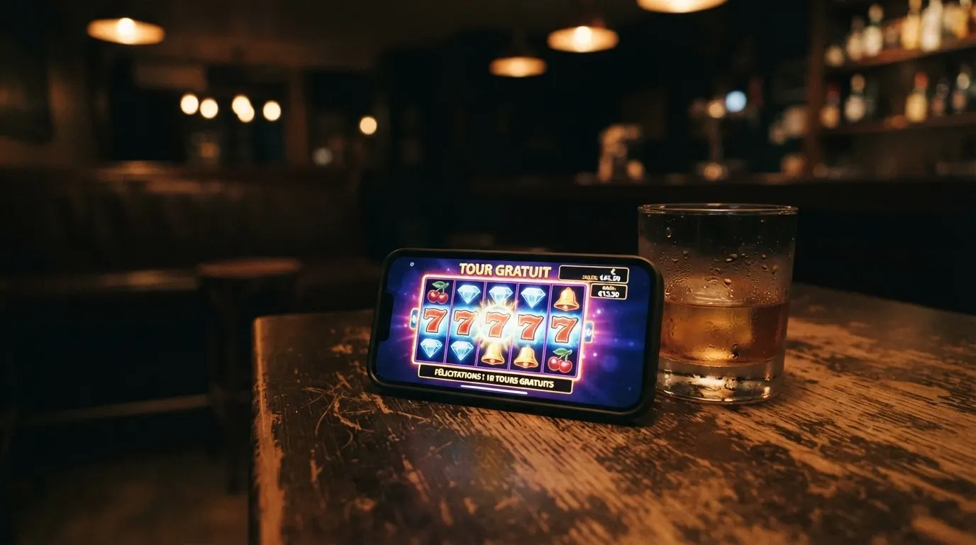 Un smartphone posé sur une table de bar, l'écran allumé sur une machine à sous en cours de spin gratuit, un verre à côté dans la pénombre