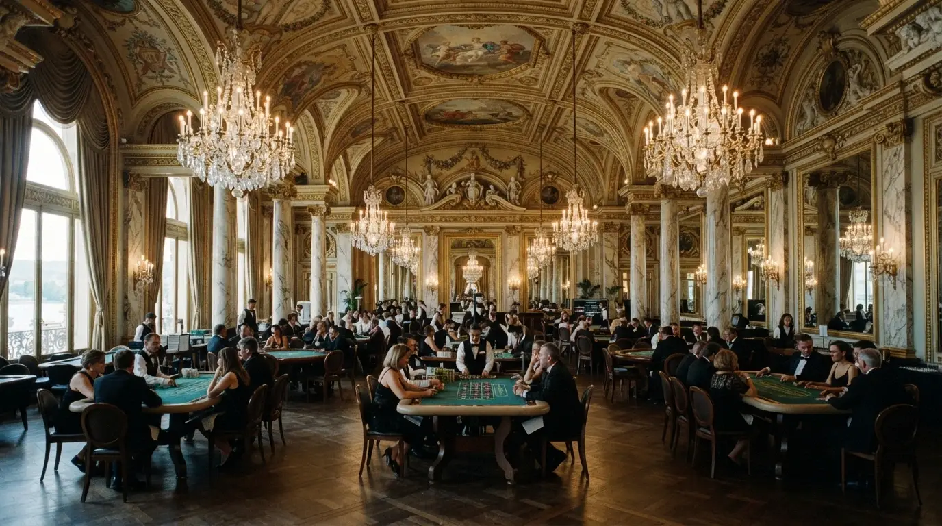 La salle Europe du Casino de Monte-Carlo, ses lustres de cristal, ses colonnes de marbre et ses tables de jeu sous les fresques dorées