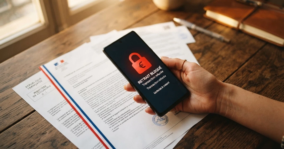 Une main qui tient un téléphone affichant une icône de retrait bloqué par un cadenas, sur fond de législation française.