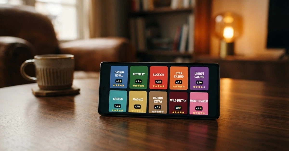 Écran de smartphone affichant une grille comparative d'applications de casino, avec des icônes d'opérateurs et des notes