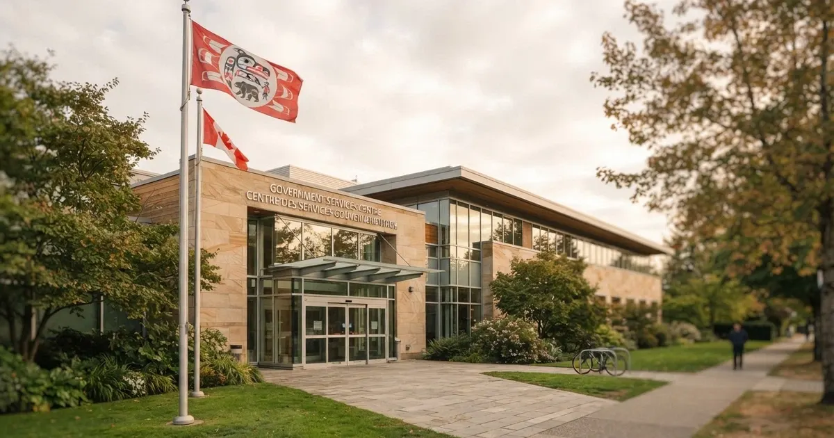 La façade du bâtiment de la Commission des jeux de Kahnawake, avec le drapeau mohawk flottant à l'entrée