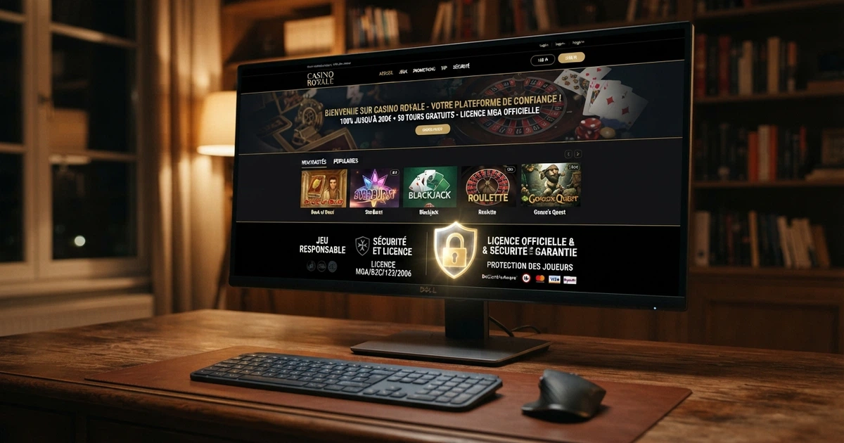Interface d'un casino en ligne affichant le logo de la Malta Gaming Authority, un cadenas de sécurité et une mention « licence MGA » dans le pied de page