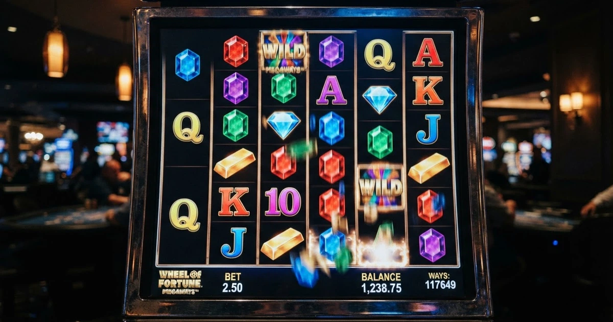 Rouleaux de machine à sous Megaways affichant un nombre variable de symboles, illustrant le principe des lignes de paiement dynamiques