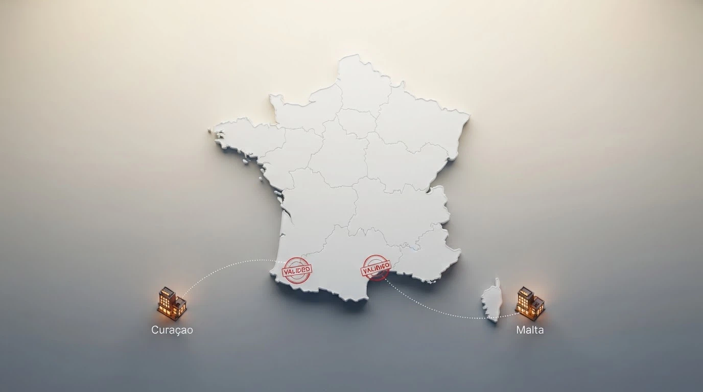Carte stylisée de la France reliée par des lignes pointillées à des icônes de casinos situés outre-mer (Curaçao, Malte), avec des tampons « sans agrément ANJ » en rouge sur chaque connexion.