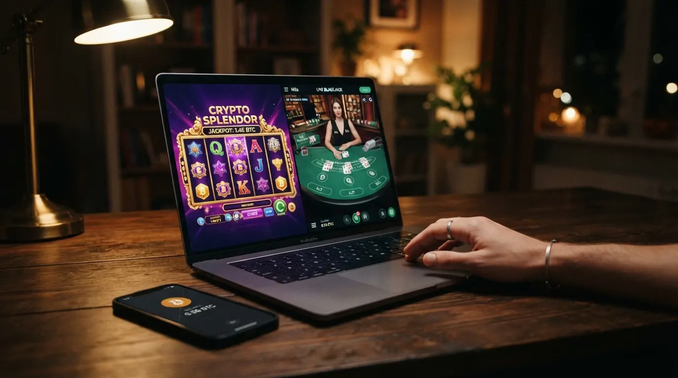 Écran partagé entre une machine à sous Pragmatic Play et une table de blackjack avec croupier en direct, un portefeuille Bitcoin affiché en surimpression