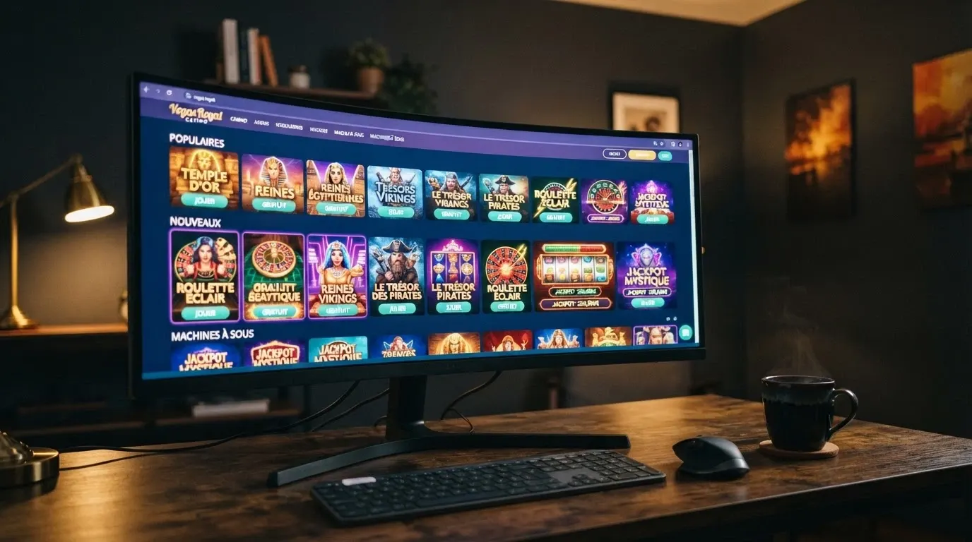 Une interface de lobby de casino en ligne affichant des vignettes de machines à sous colorées sur un fond sombre