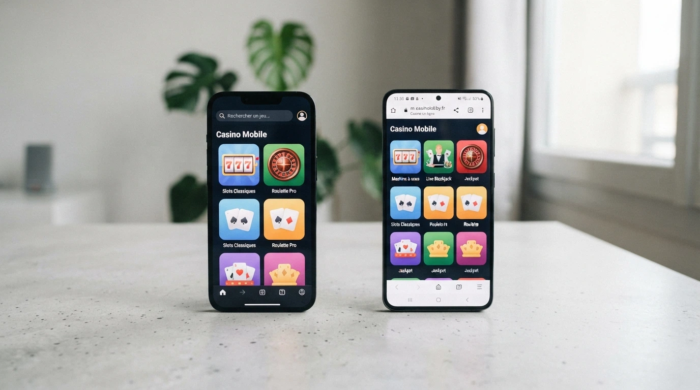 Deux smartphones côte à côte : l'un affichant une application de casino, l'autre le même casino dans un navigateur mobile