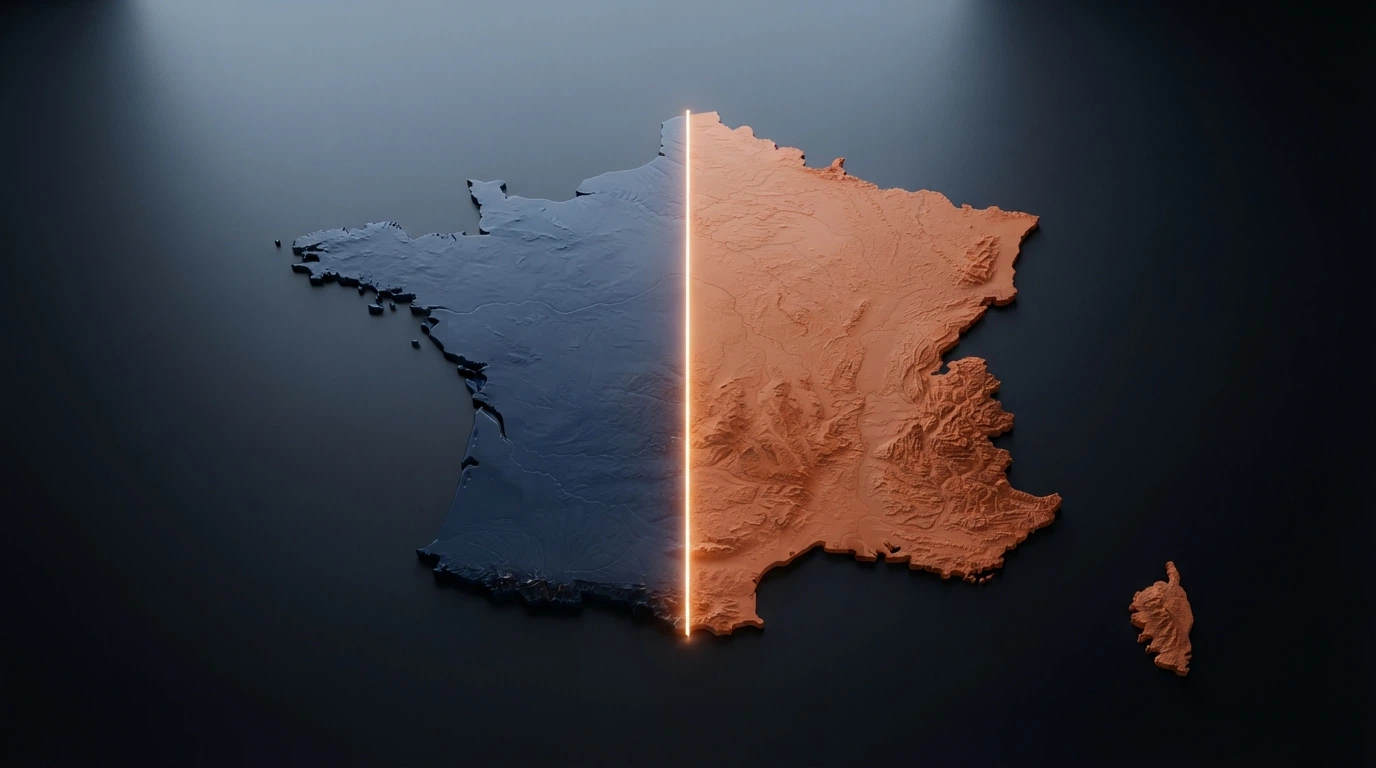Une carte de France métropolitaine stylisée où deux zones se distinguent : d'un côté les logos des opérateurs agréés ANJ (couleur sobre), de l'autre les logos des casinos offshore (couleur contrastée), une ligne médiane marquée « casino en ligne interdit »
