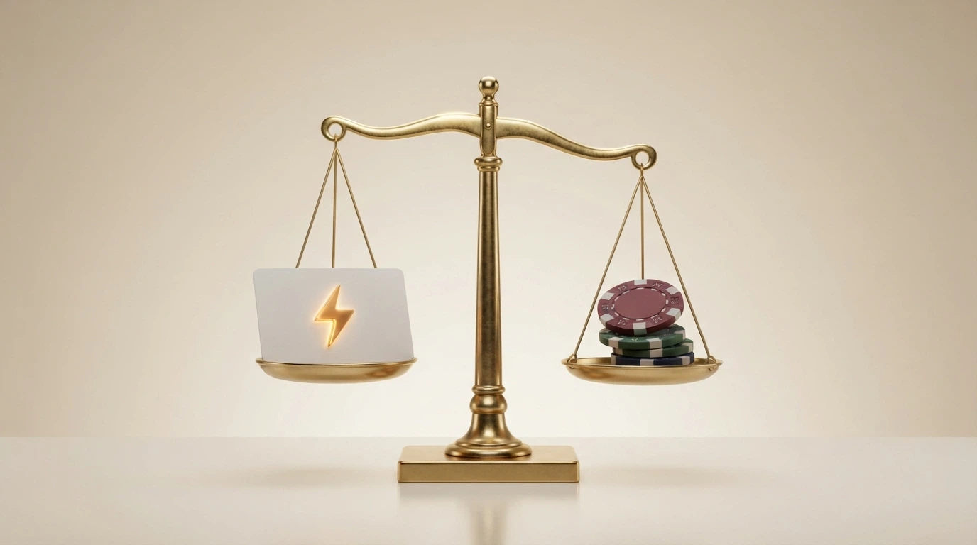 Une balance à plateaux : d'un côté un virement bancaire instantané siglé ANJ, de l'autre des jetons de casino flottant sans ancrage.
