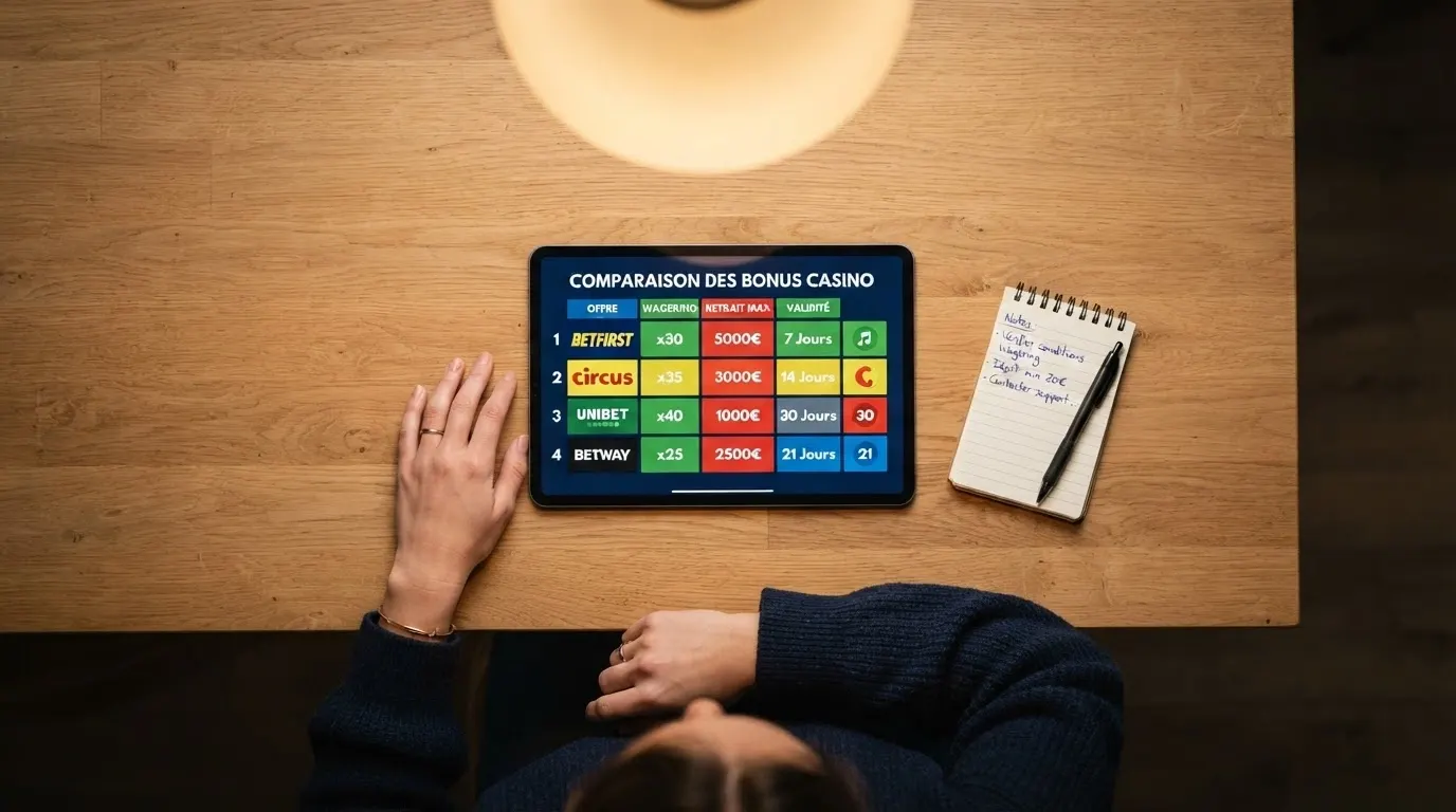 Un tableau comparatif affichant plusieurs casinos en ligne avec leurs conditions de bonus sans dépôt