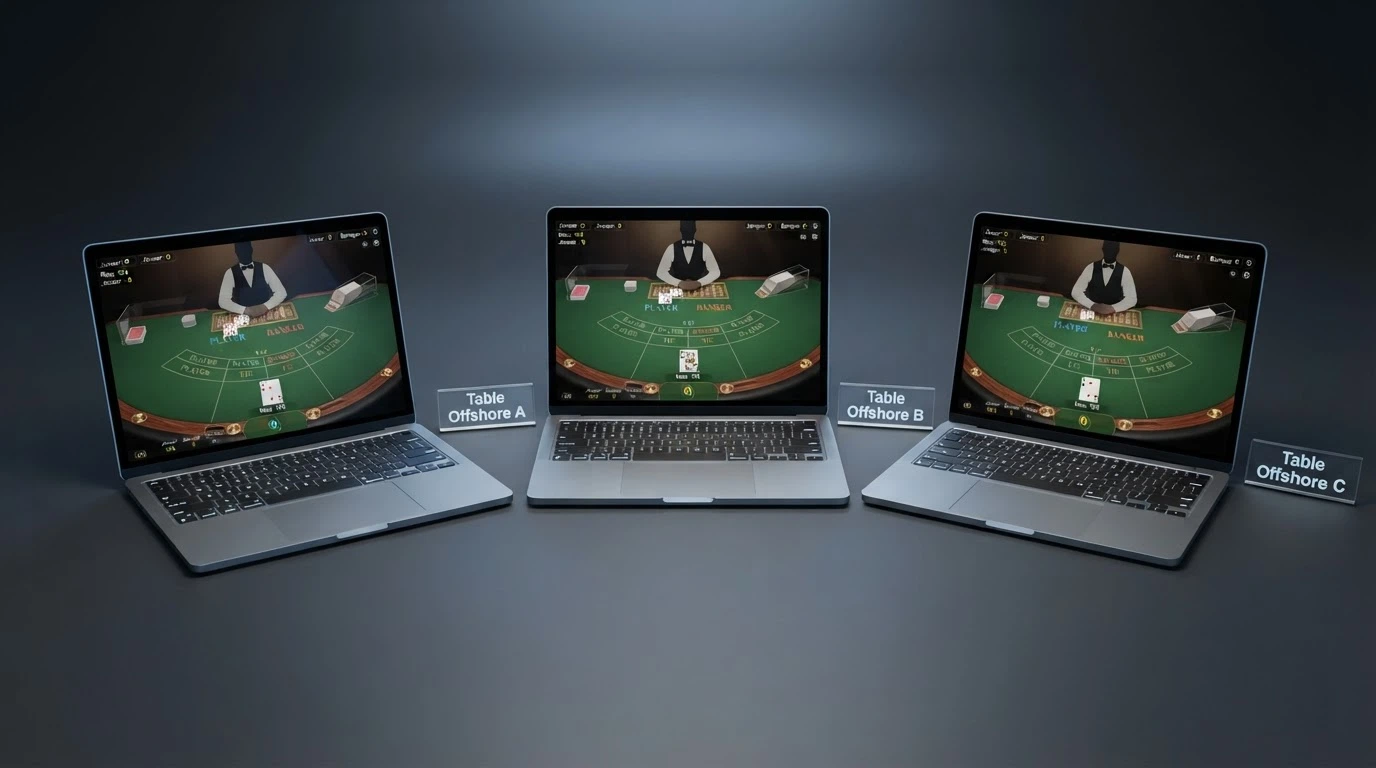 Une illustration comparative abstraite : plusieurs interfaces de casinos en ligne alignées côte à côte, chacune affichant une table de baccarat live avec son nom d'opérateur en surimpression.
