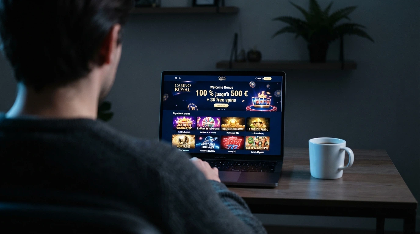 Une interface de casino en ligne affichant une bannière de bonus de bienvenue « 100 % jusqu'à 500 € + 20 free spins » sur fond de lobby de jeux