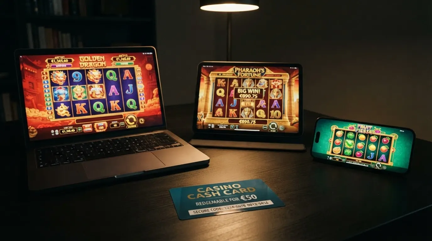 Plusieurs écrans de casinos en ligne affichant des machines à sous colorées, avec un bon CASHlib au premier plan