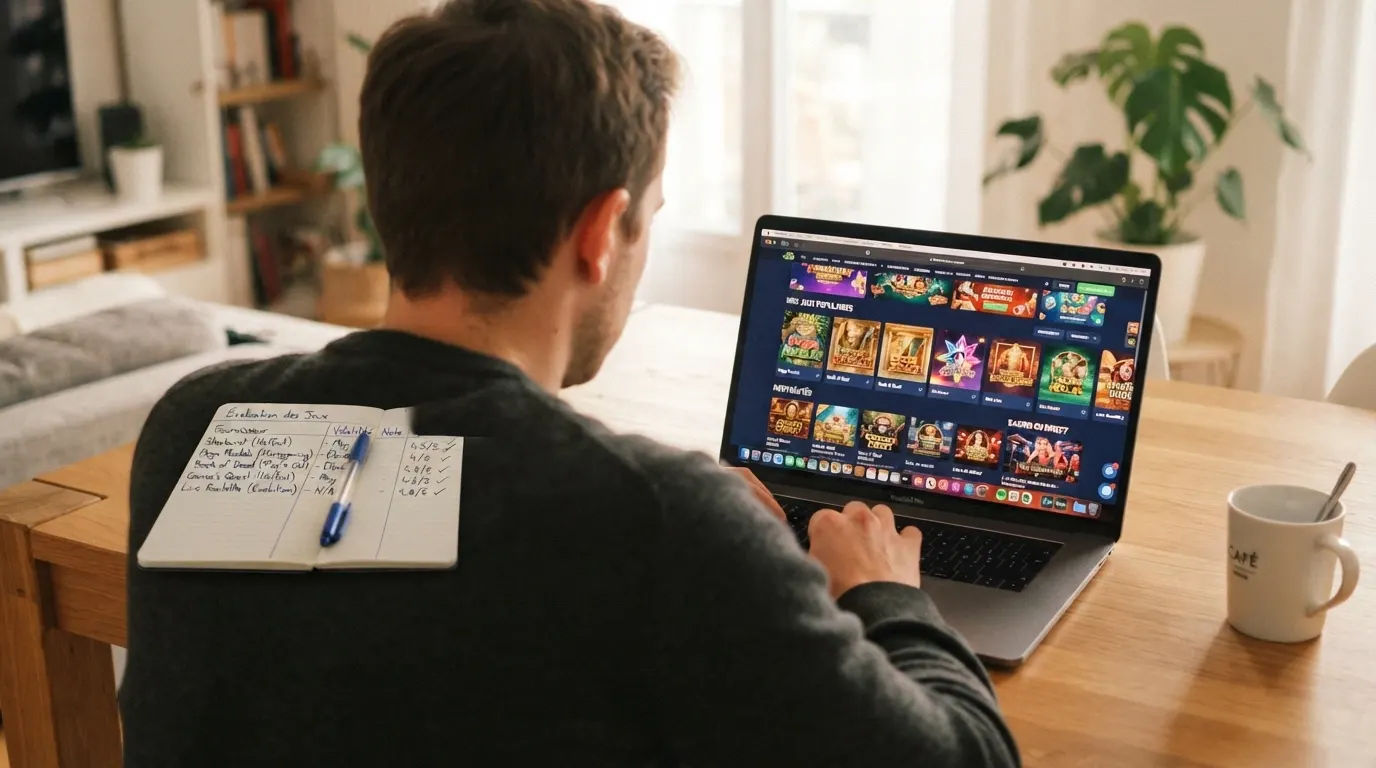 Vue d'ensemble d'une sélection de casinos en ligne sur un écran d'ordinateur, avec des cartes de bonus et des icônes de licence visibles