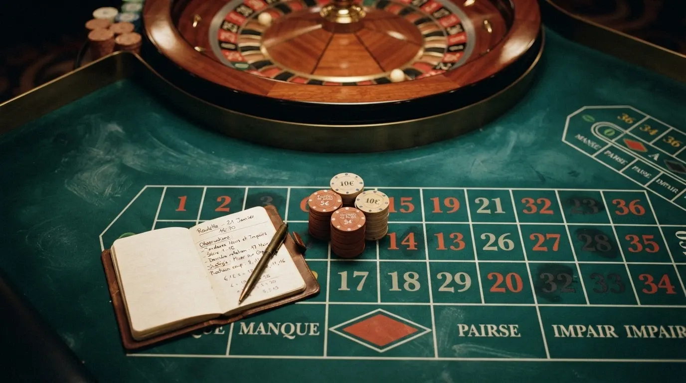 Un tableau comparatif stylisé avec des rangées de casinos et des colonnes de critères, posé sur un fond de casino