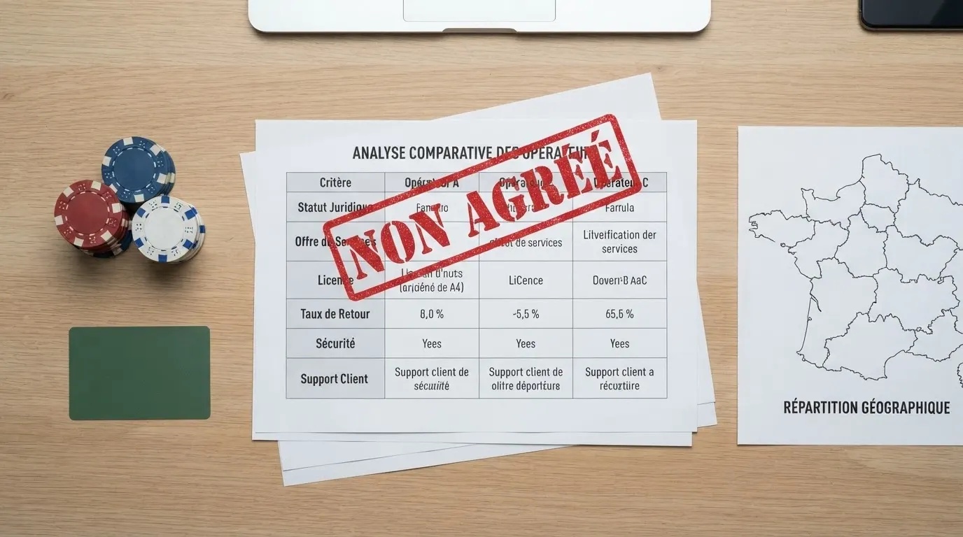 Tableau comparatif posé sur un bureau avec des icônes de casino, une carte de France et un tampon « non agréé ANJ » visible