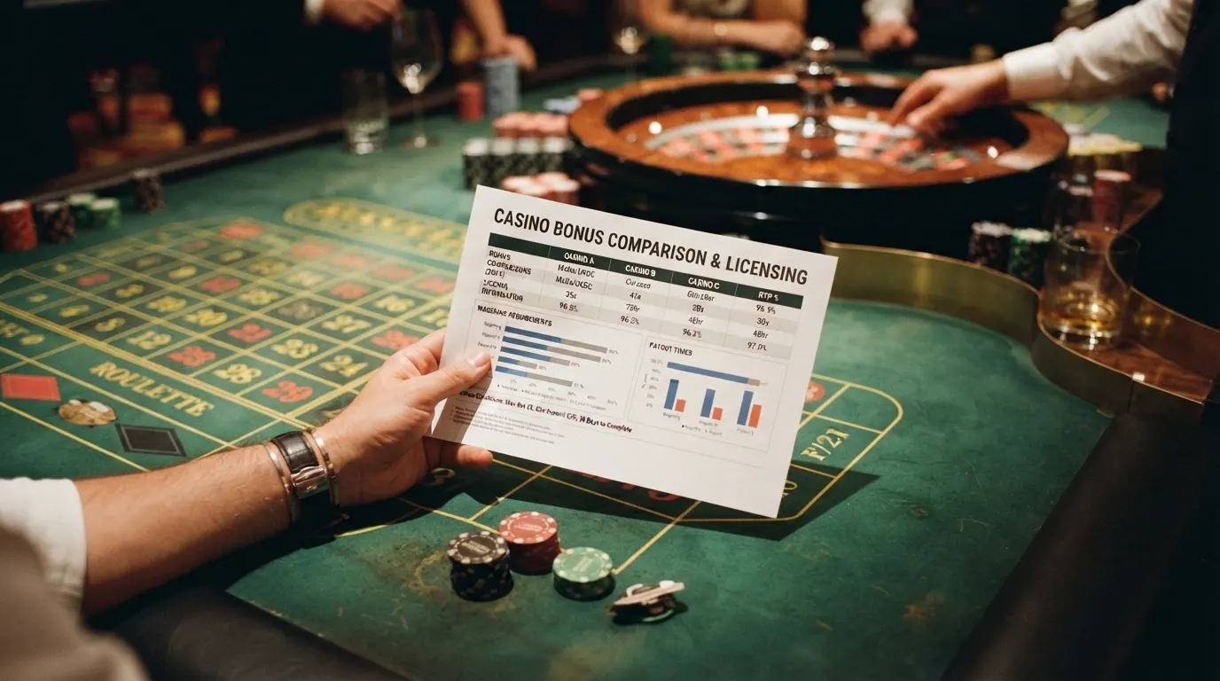 Un tableau comparatif posé sur un fond de table de jeu, avec des jetons et une roue de roulette en arrière-plan flou