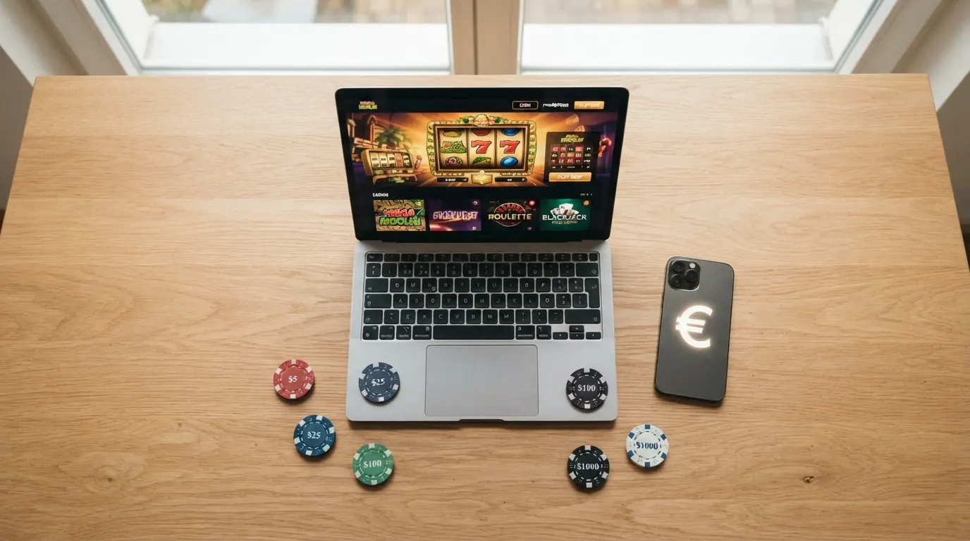 Une grille de comparaison de casinos Litecoin sur un écran d'ordinateur, avec le logo Litecoin en surimpression, des jetons de casino et une carte bancaire barrée en arrière-plan