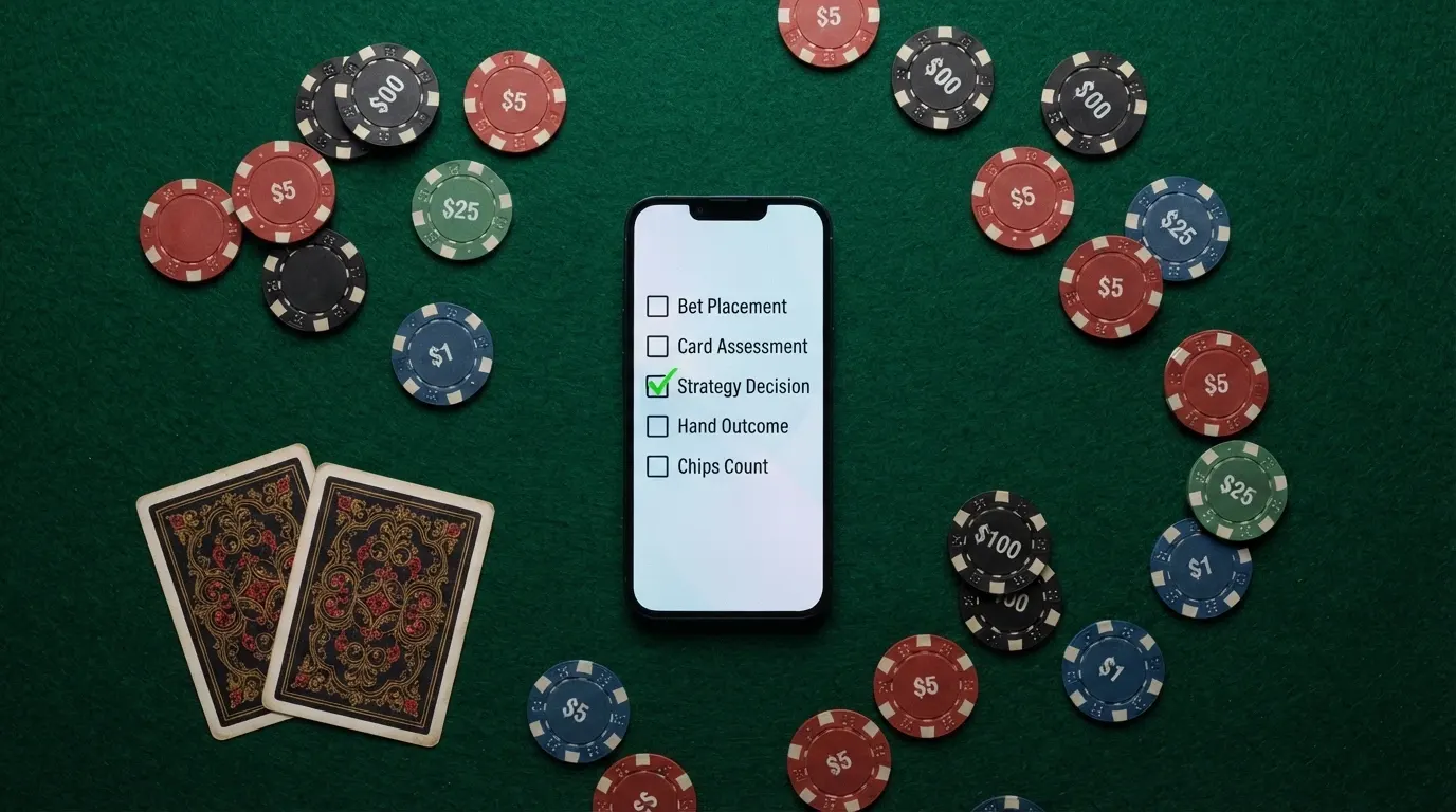 Une table de jeu vue du dessus avec des jetons, des cartes et un smartphone affichant une liste comparative de casinos, une coche verte sur la colonne PayPal.