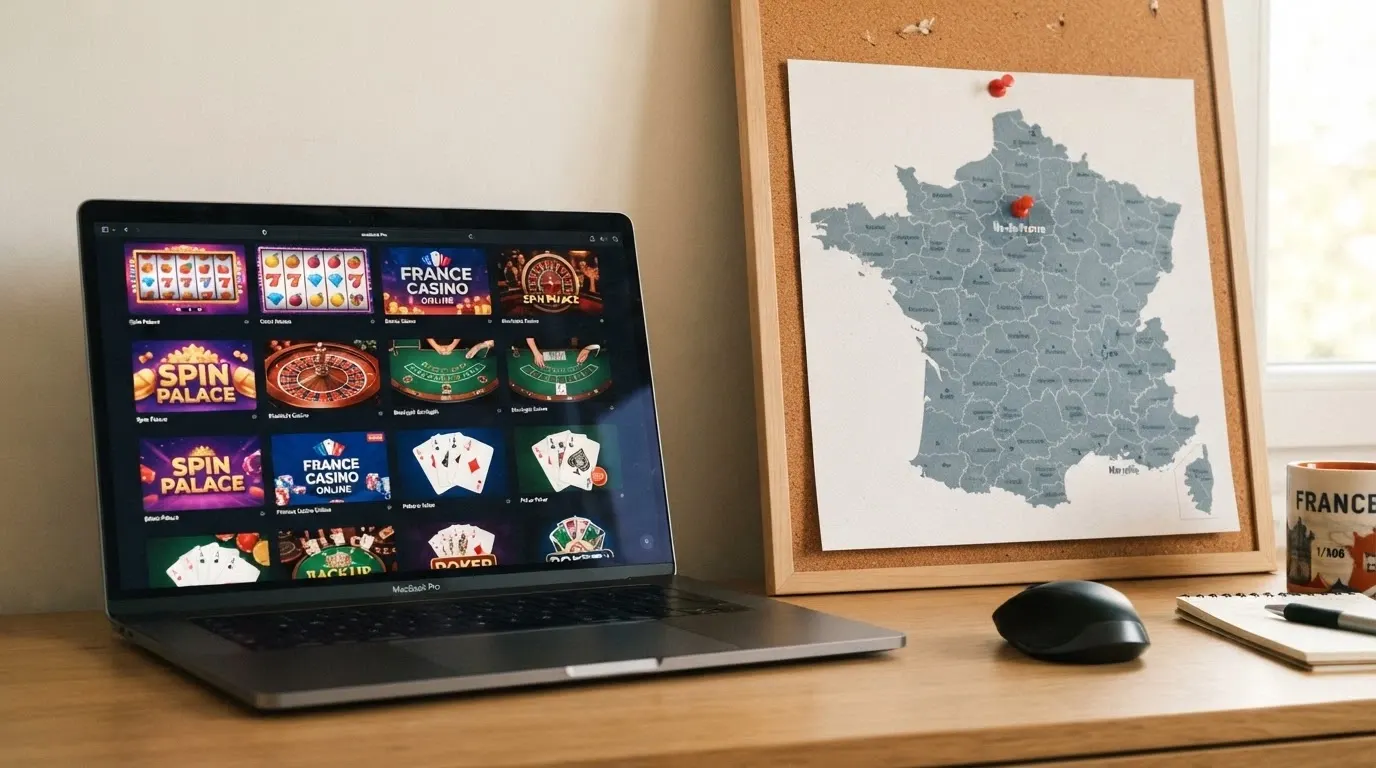 Écran partagé entre les logos de plusieurs casinos en ligne et une carte de France soulignant l'absence d'agrément légal