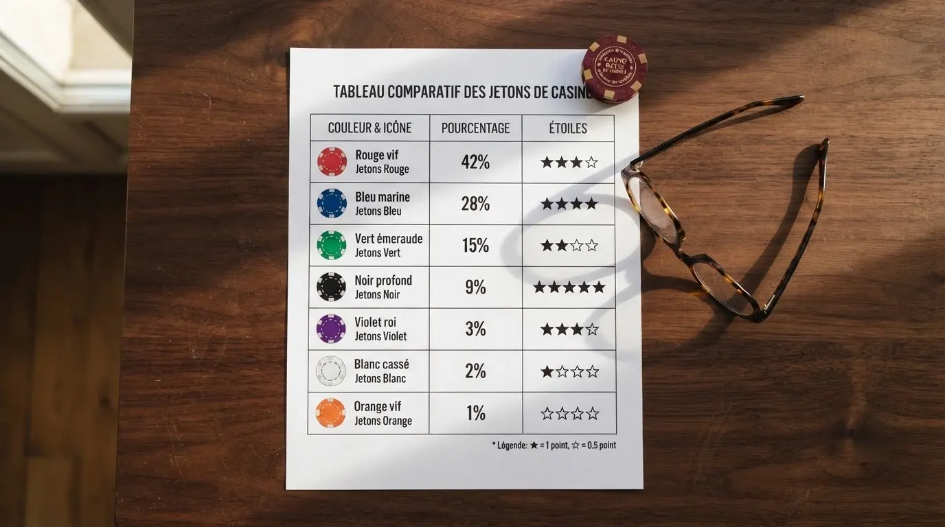 Un tableau comparatif stylisé affichant des cartes de casino avec leur montant de dépôt minimum, leur pourcentage de bonus et une étoile de notation