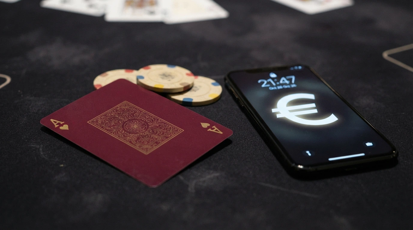 Dix cartes de casino disposées en éventail sur une surface sombre, chaque carte portant le nom d'un opérateur, avec des jetons de poker et un smartphone affichant le symbole USDT en surbrillance.