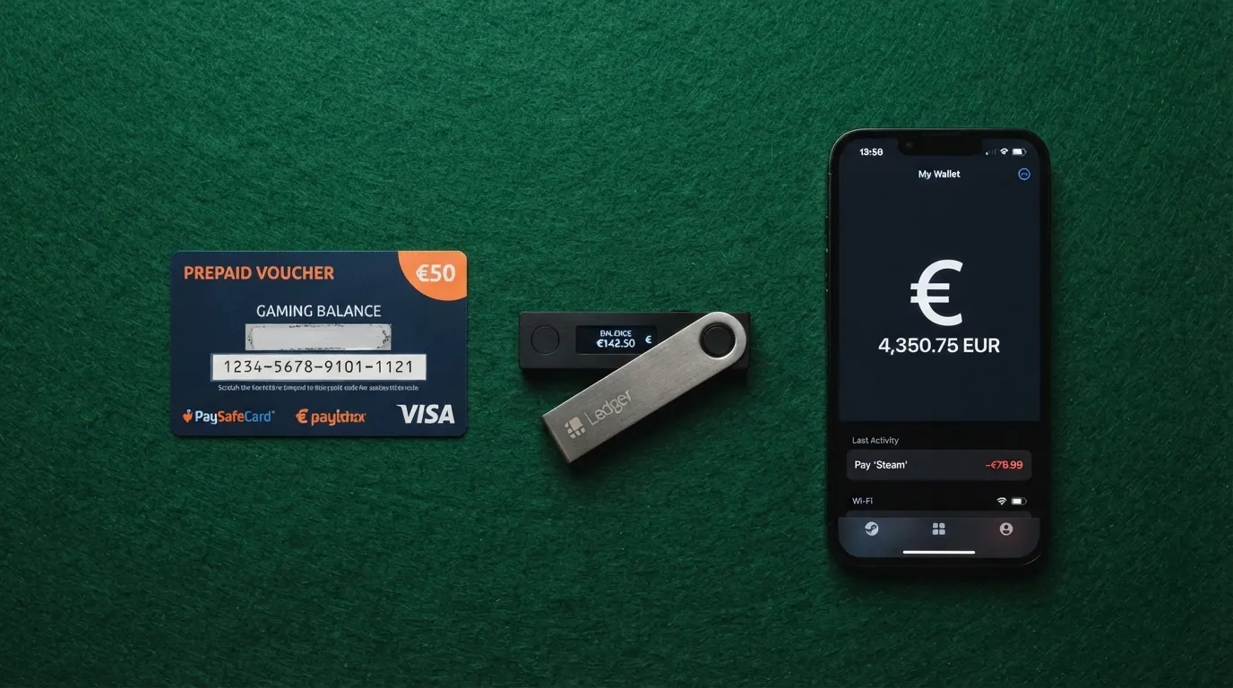 Un éventail de moyens de paiement (carte prépayée, portefeuille crypto physique, smartphone affichant une app e-wallet) disposé sur un fond de table de jeu.