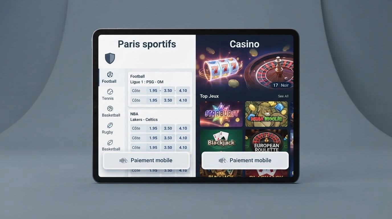Écran partagé : à gauche l'interface d'un opérateur agréé ANJ, à droite celle d'un casino offshore, Apple Pay sélectionné sur les deux