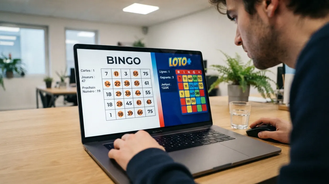 Un écran partagé montrant d'un côté l'interface épurée de BINGO LIVE FDJ et de l'autre une grille colorée de casino bingo offshore, les deux encadrées par un bandeau tricolore discret