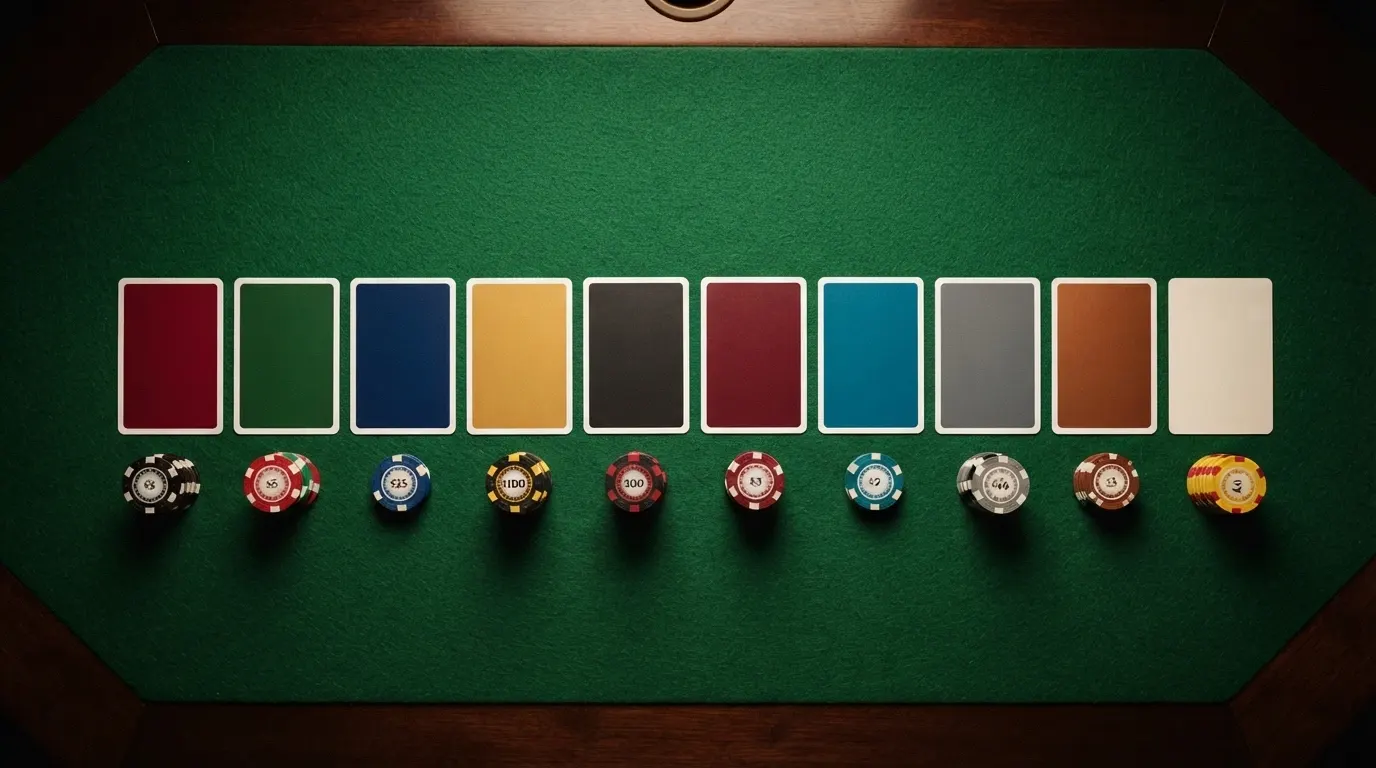 Dix cartes de casino alignées sur une table de jeu, chacune portant un nom d'opérateur différent, avec des jetons de valeurs variées devant chaque carte