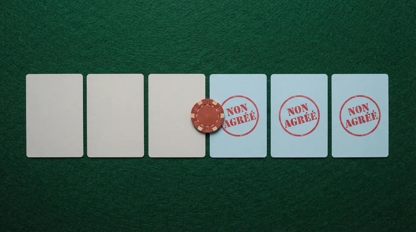 Une rangée de cartes d'opérateurs de casino avec des montants de jackpot différents, certaines barrées d'un tampon rouge « non agréé ANJ »