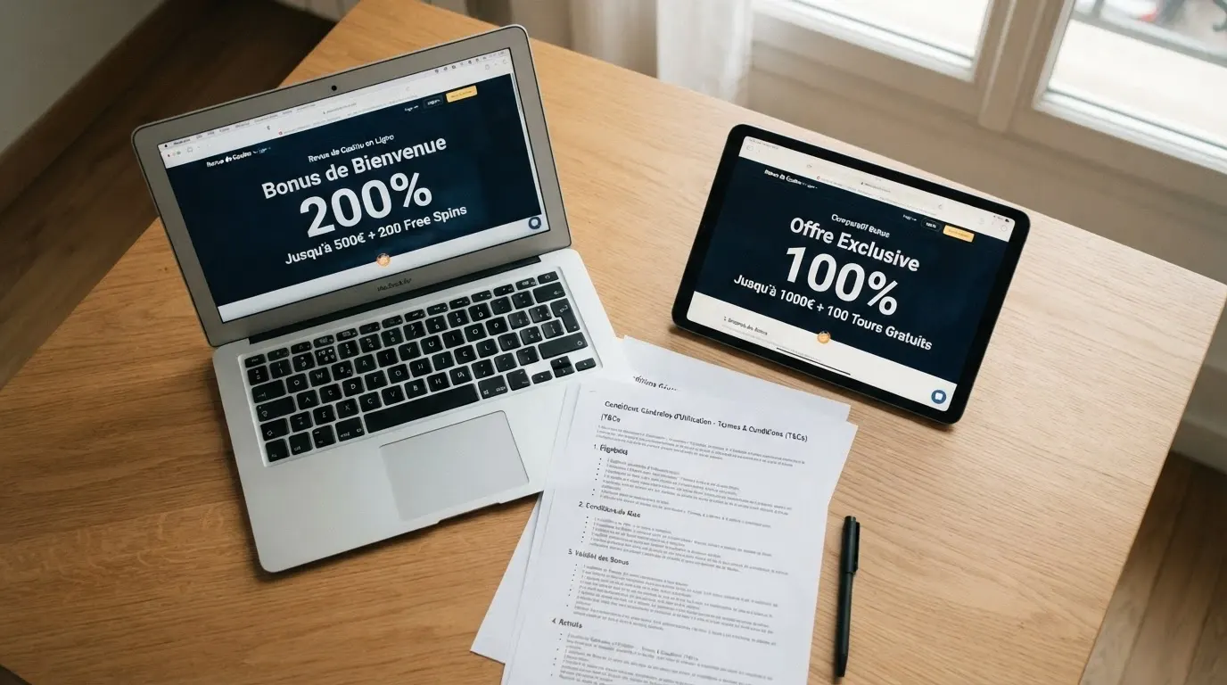 Écrans comparatifs de conditions de bonus affichées par différents opérateurs en ligne