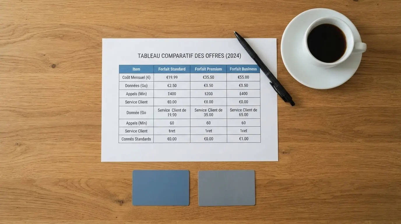 Un tableau comparatif posé sur un bureau, avec un stylo et une tasse de café, entouré de cartes bancaires