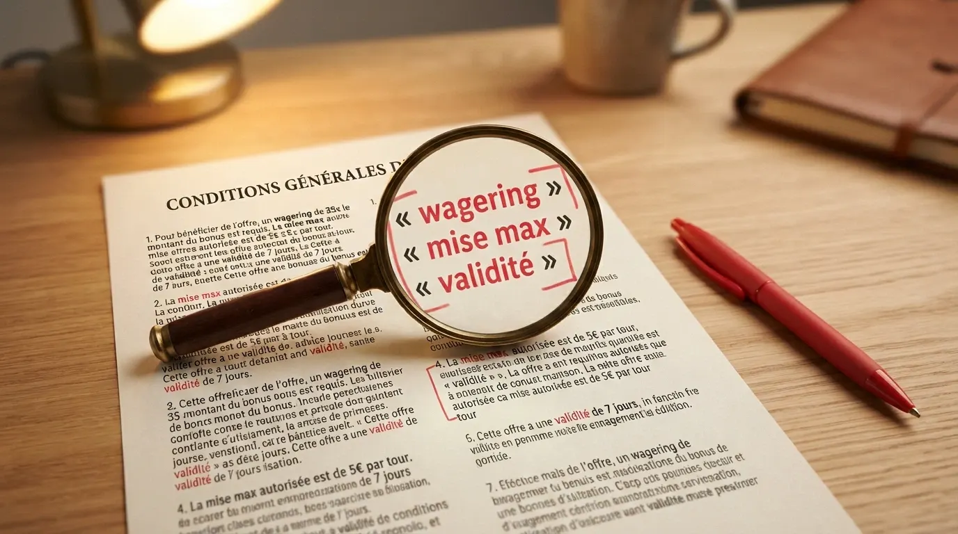 Un contrat de conditions de bonus vu à la loupe, les termes « wagering », « mise max » et « validité » surlignés en rouge.