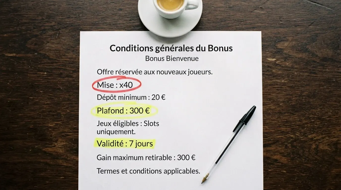 Une fiche de conditions de bonus posée sur une table, avec des termes comme wager, délai et plafond mis en évidence au marqueur