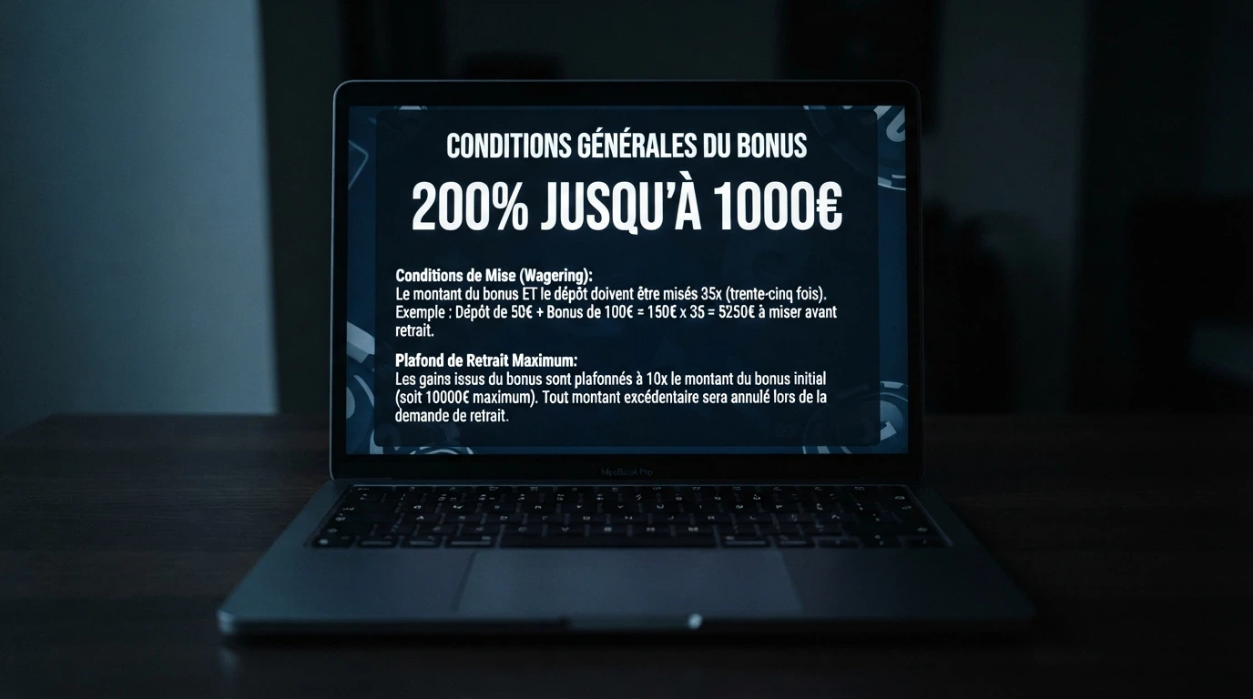 Gros plan sur les conditions d'un bonus de casino en ligne affichant le pourcentage, le taux de wagering et le plafond de retrait en petits caractères